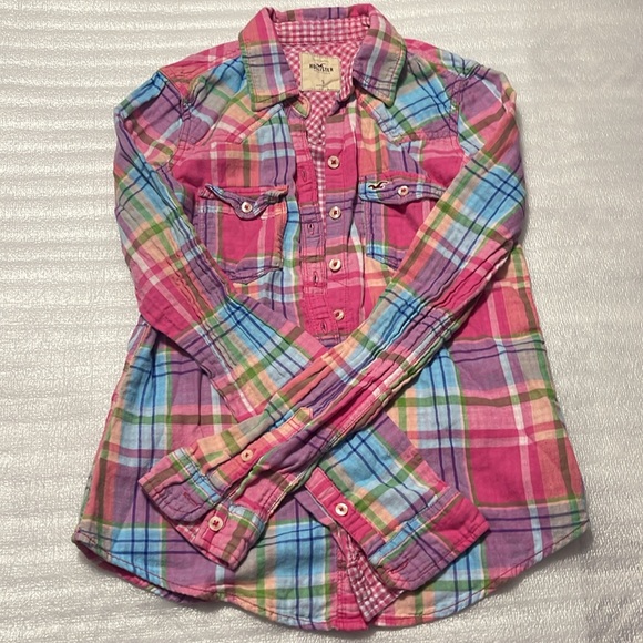 Hollister Button Down Pink Plaid Long Sleeves Juniors Size Small - Picture 4 of 10